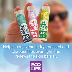 Eco-friendly lip balm brand advertisement with planet graphic and certification logos on a teal background.