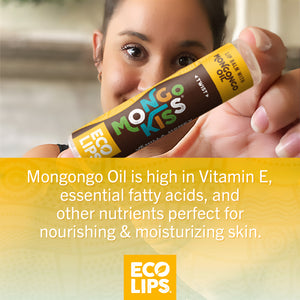Promotional image of lip balm products with text highlighting larger size and benefits on a green background.