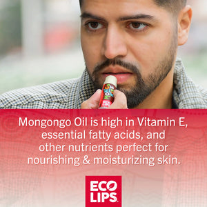 Advertisement for Mongo Kisses lip balm highlighting mongongo oil and its sourcing.