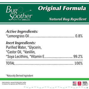 Bug Soother natural bug repellent label with ingredient list on a white background