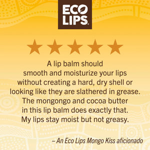 Mongo Kiss Organic Lip Balm close up calling out 30% less plastic, Leaping bunny Certified and Organic.