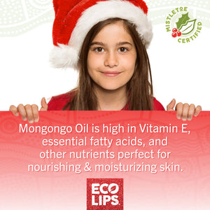 Promotional image of Mongo Kiss lip balm products with text highlighting larger size and benefits on a green background.