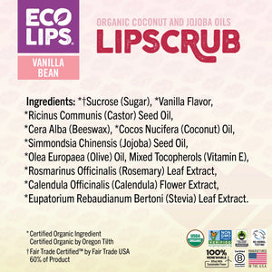 Eco-friendly lip balm advertisement with certification logos on a red background.