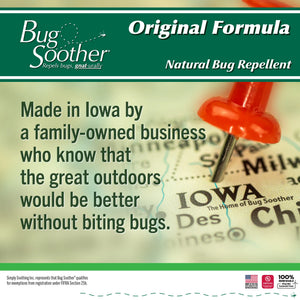 Advertisement for Bug Soother natural bug repellent with a map of Iowa and a pushpin.