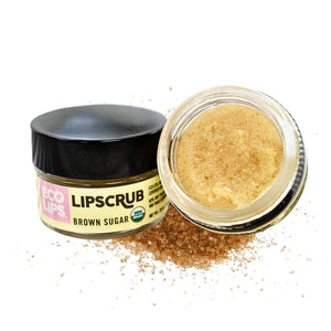 Eco-friendly lip balm advertisement with certification logos on a red background