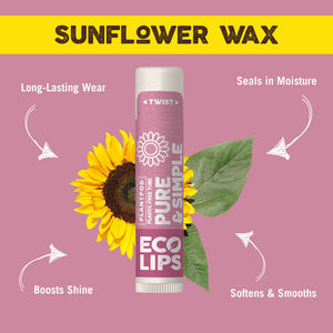 Woman holding a lip balm with text about purity and simplicity on a pink background