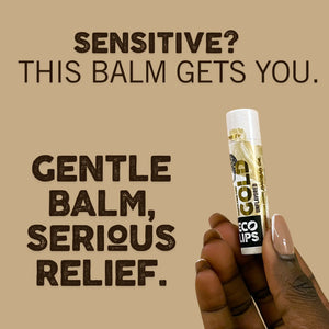 Lip balm packaging with text about baobab oil and a close-up of a person holding a Gold Lip Balm.