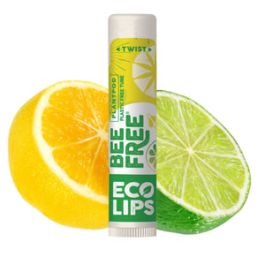Eco-friendly lip balm brand advertisement with planet graphic and certification logos on a green background.