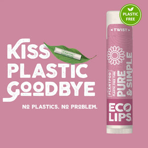 Woman holding a lip balm with text about purity and simplicity on a pink background