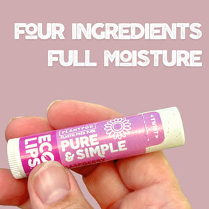 Woman holding a lip balm with text about purity and simplicity on a pink background