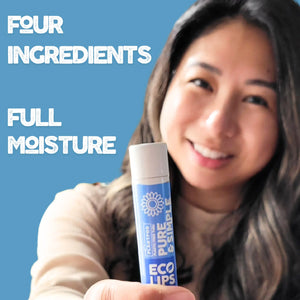 Collage of people using lip balm with product packaging on a pink background.
