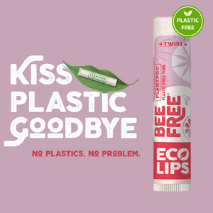Lip balm with 'Bee Free Eco Lips' branding on a green background, featuring text about plant-based ingredients.