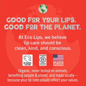 Promotional graphic for Eco Lips with text and logos on a red background