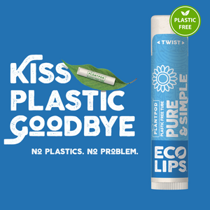 Lip balm tube labeled 'Pure & Simple Eco Lips' with certification details on a gradient blue background