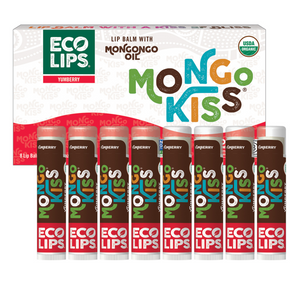 Advertisement for Mongo Kisses lip balm highlighting mongongo oil and its sourcing.