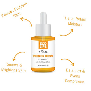 Woman holding out bottle of morning serum showing the 5% Vitamin C