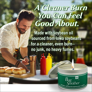 Man preparing food outdoors with a Bug Soother candle in the foreground.