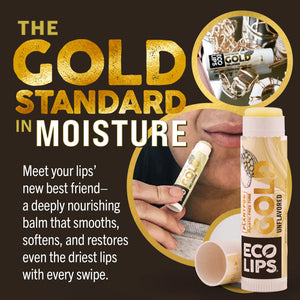 Lip balm packaging with text about baobab oil and a close-up of a person holding a Gold Lip Balm.