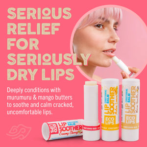 Advertisement for Eco Lips lip balm with sustainability claims and logos on a beige background.