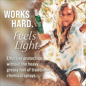 Man and child outdoors with text about plant-based bug control product.