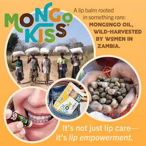 Mongo Kiss Organic Lip Balm close up calling out 30% less plastic, Leaping bunny Certified and Organic.