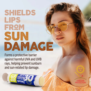 Eco-friendly lip balm advertisement with a blue background and Earth graphic, featuring text and certification logos.