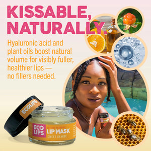 Lip care product advertisement with text and close-up of lips on an orange background