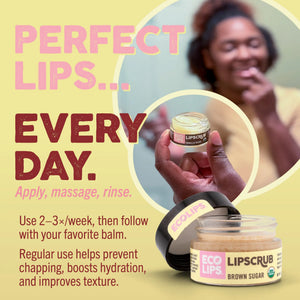 Eco-friendly lip balm advertisement with certification logos on a red background.