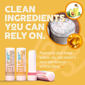Advertisement for Eco Lips lip balm with sustainability claims and logos on a beige background.