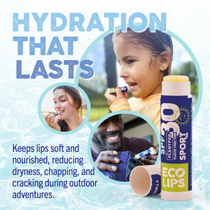 Eco-friendly lip balm advertisement with a blue background and Earth graphic, featuring text and certification logos.