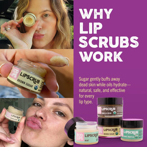 Eco-friendly lip balm advertisement with certification logos on a red background