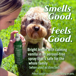 Man and child outdoors with text about plant-based bug control product.