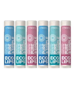 Lip balm tube labeled 'Pure & Simple Eco Lips' with certification details on a gradient blue background