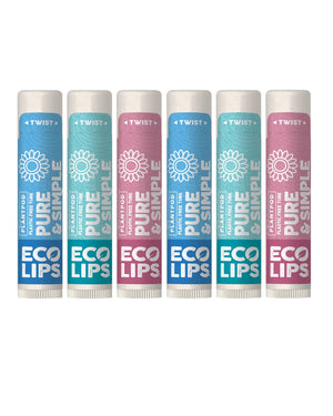 Lip balm tube labeled 'Pure & Simple Eco Lips' with certification details on a gradient blue background
