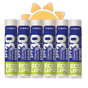 Eco-friendly lip balm advertisement with a blue background and Earth graphic, featuring text and certification logos.