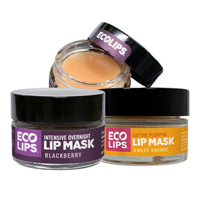 Lip care product advertisement with text and close-up of lips on an orange background