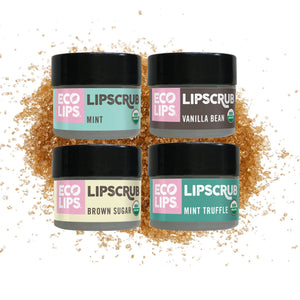 Eco-friendly lip balm advertisement with certification logos on a red background
