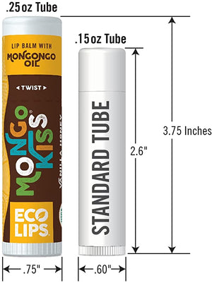 Mongo Kiss lip balm tube comparison .25 ounce lip balm and .15 ounce lip balm.