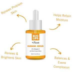 Woman holding out bottle of morning serum showing the 5% Vitamin C