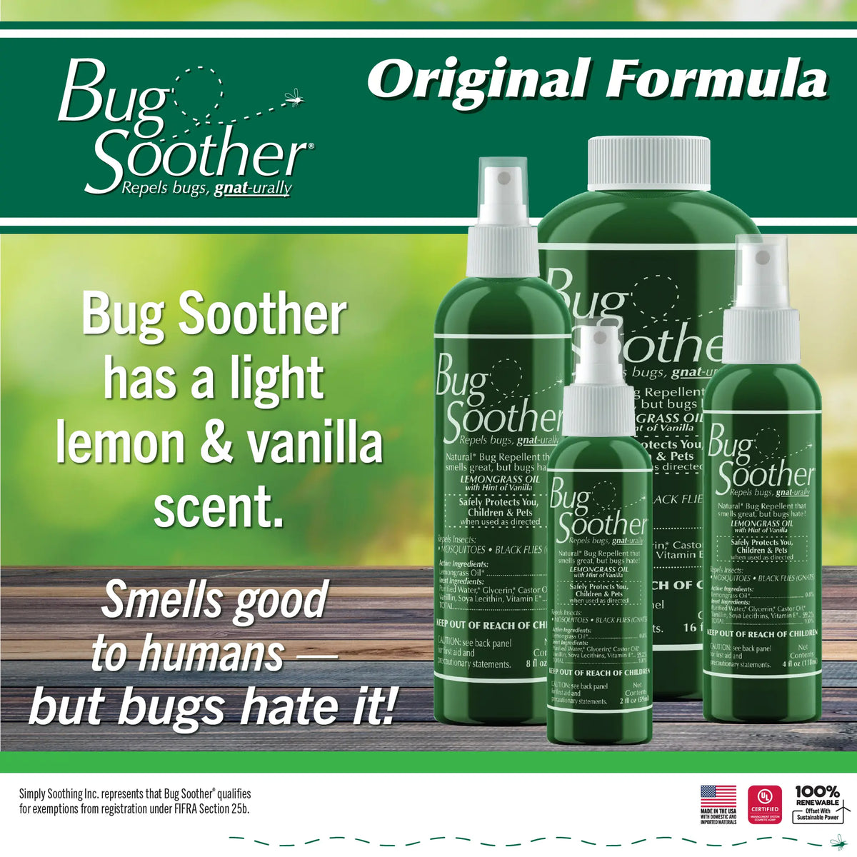 Advertisement for Bug Soother with green bottles highlighting light lemon &amp; vanilla scent.