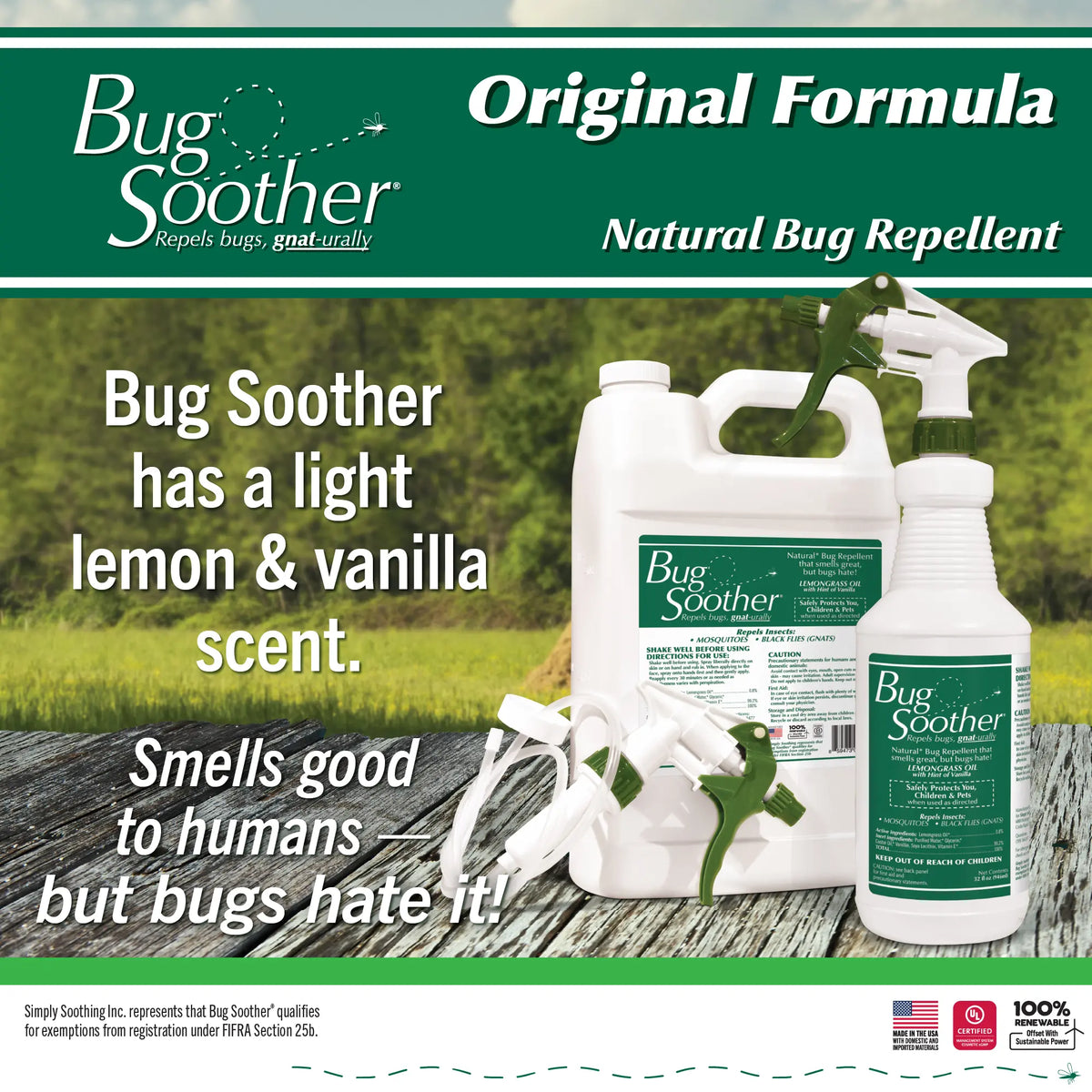 Images of gallon size and 32 oz Bug Soother with the green labels. 