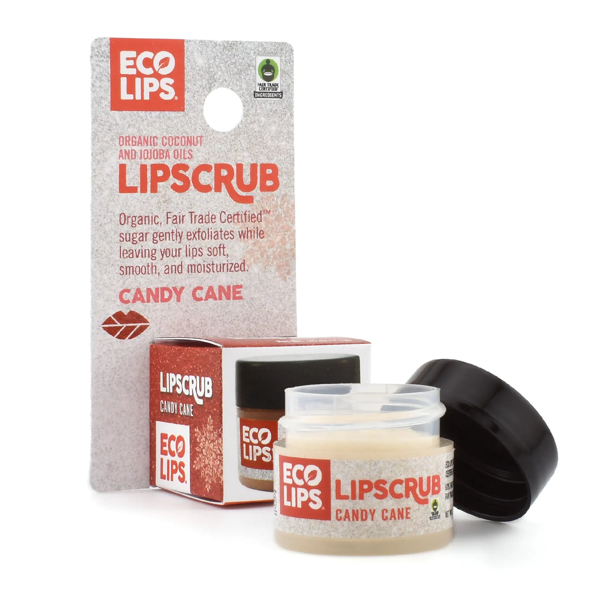 A plastic jar of Eco Lips Candy Cane Sugar Lip Scrub with its packaging card, featuring the product name and mint candy cane design.