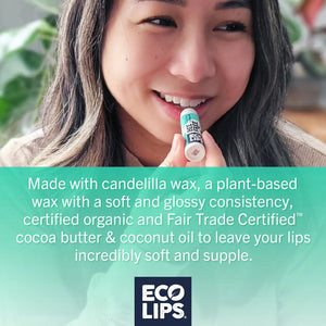 Advertisement for 'Bee Free, Naturally' lip balm with a woman, berries, and product packaging on a pink background.