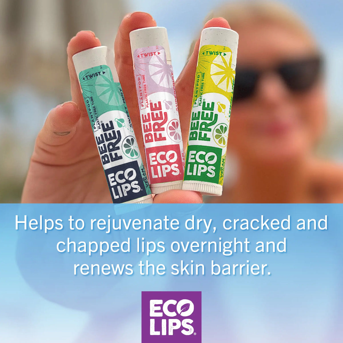 Hand holding four lip balm tubes with 'Eco Lips' branding against a blurred outdoor background.