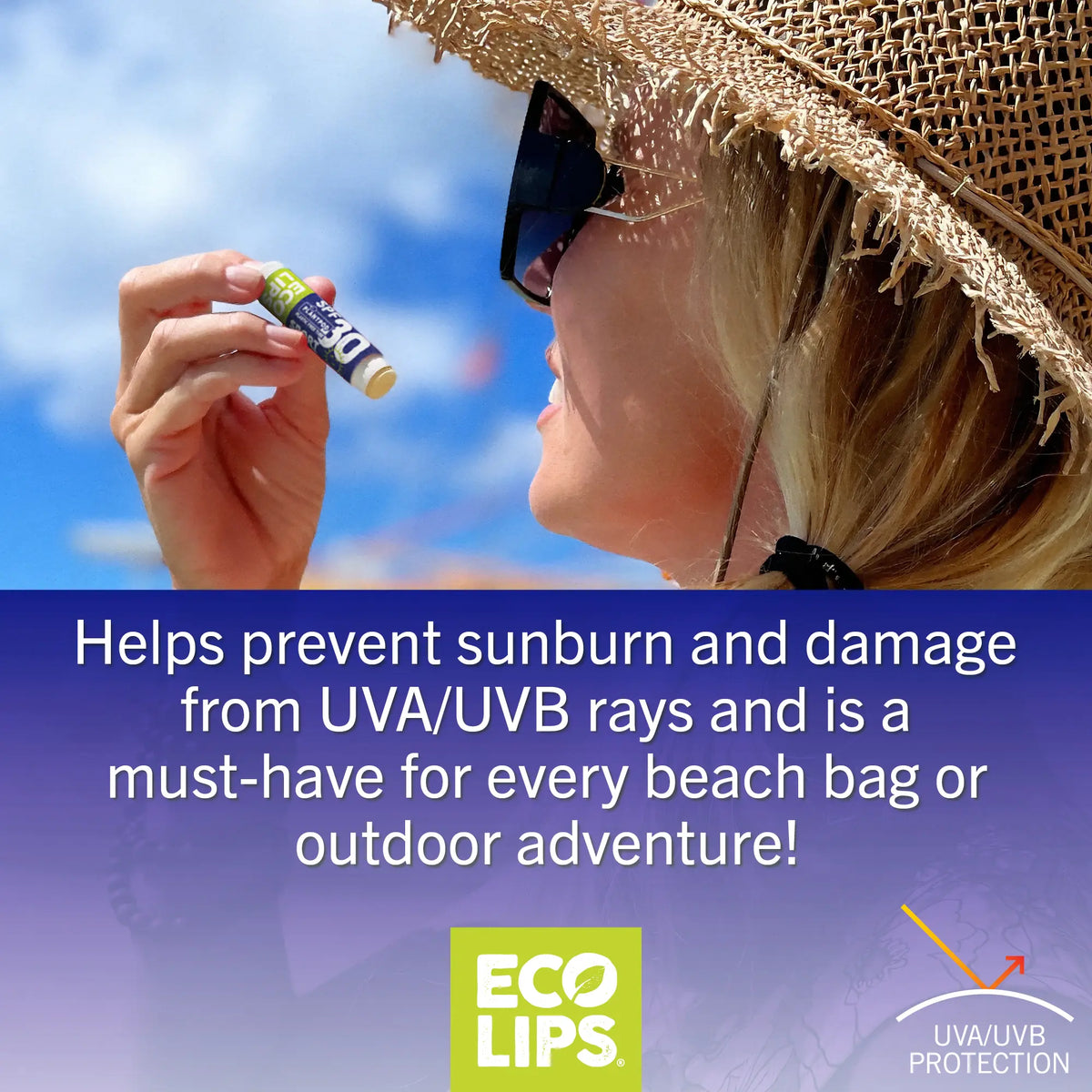 A person holding up the SPF 30 lip balm to apply with information on benefits of the SPF 30 lip balm. 