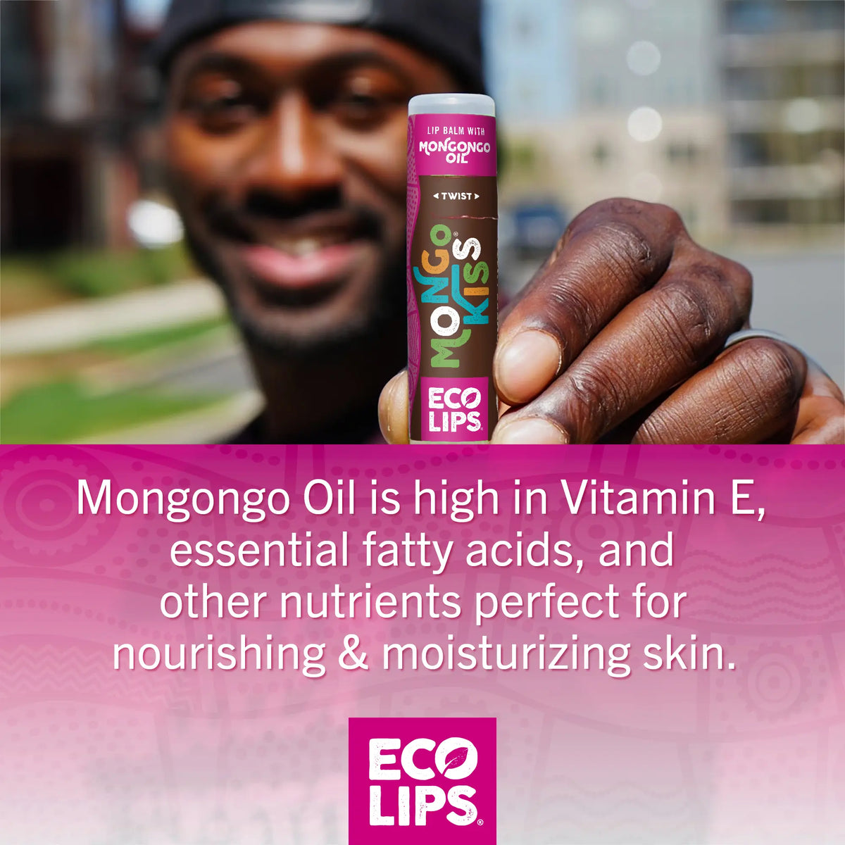 A man holding a lip balm with a listing of the benefits of the lip balm. 
