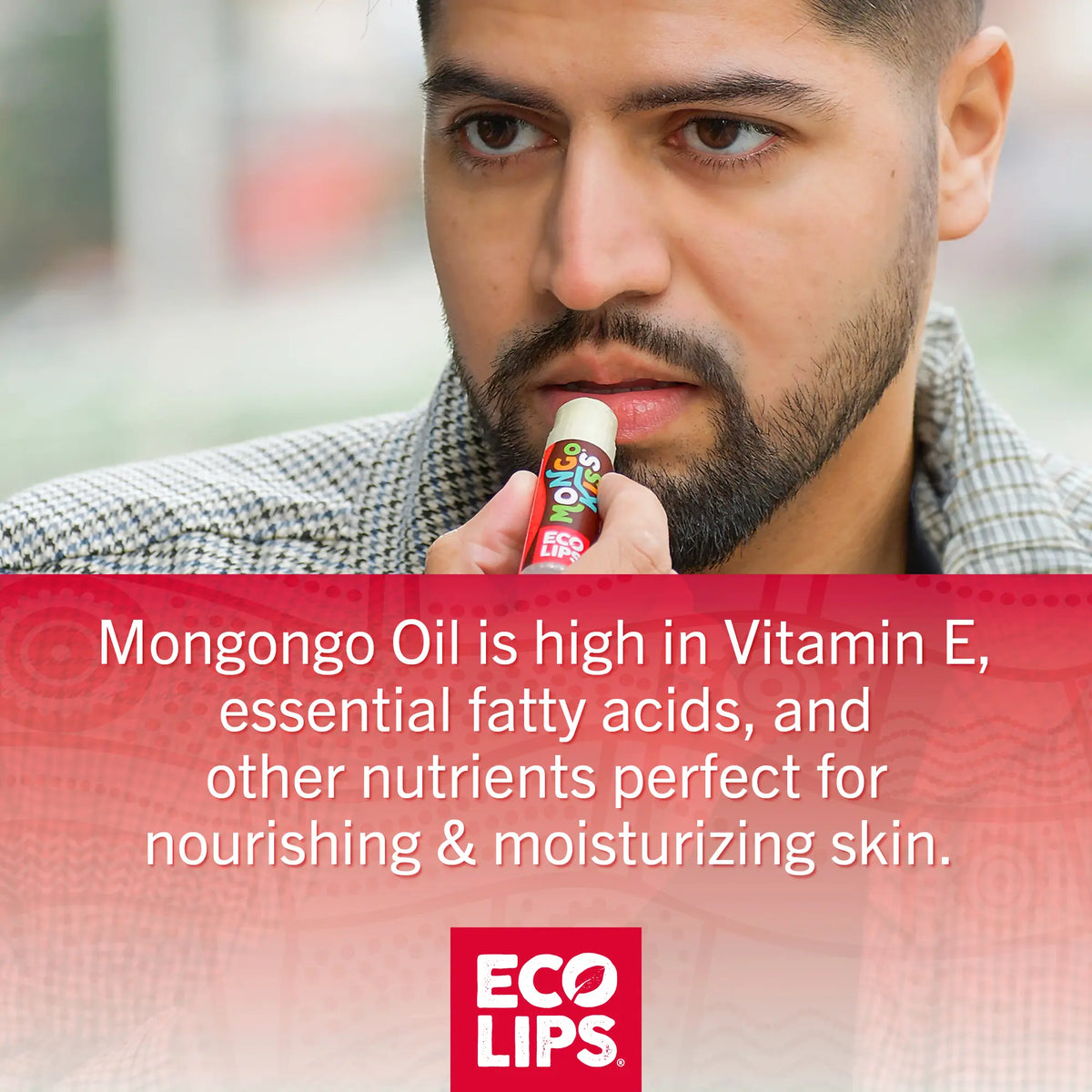 Promotional image of man applying Mongo Kiss and benefits for using to nourish and moisturize skin. 