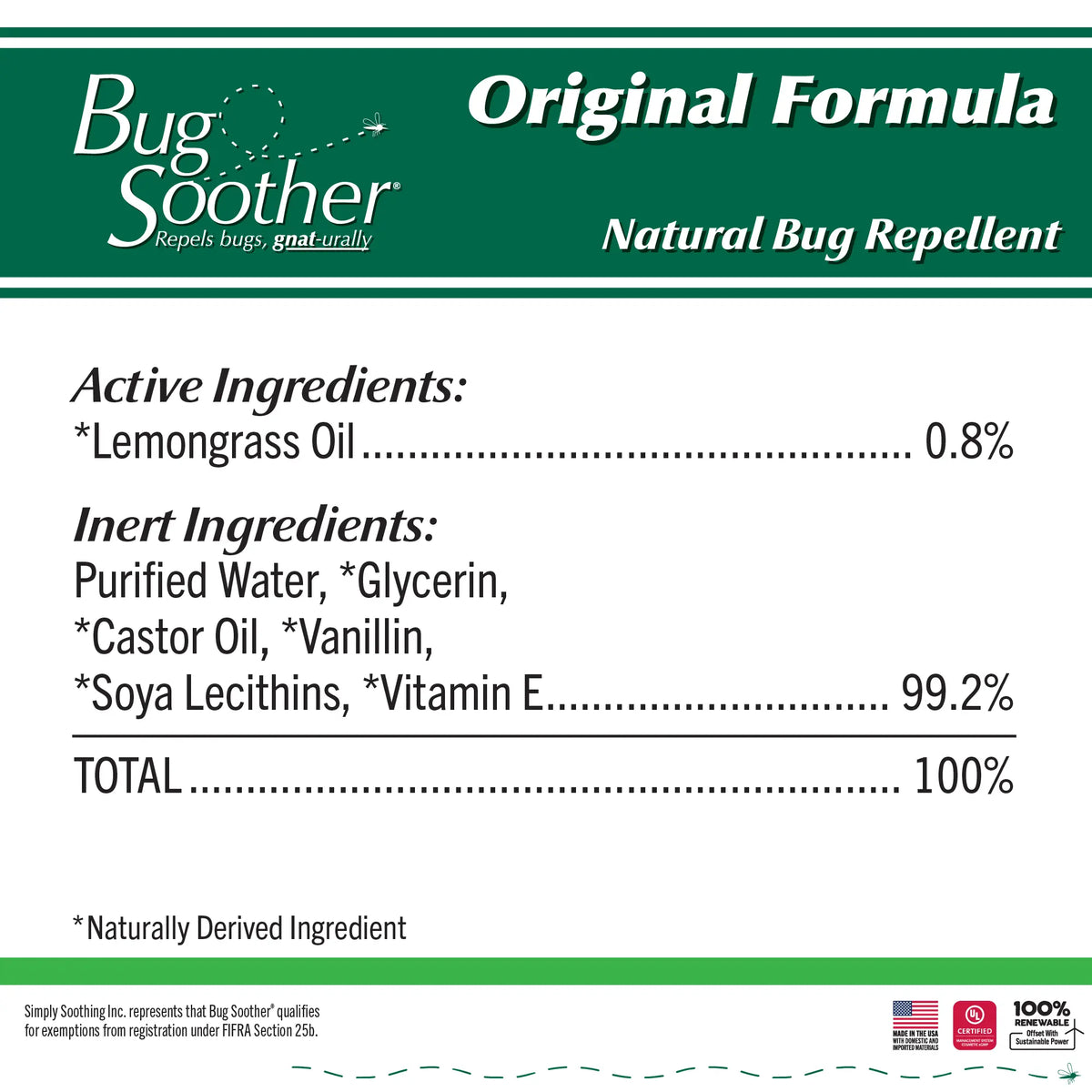 Bug Soother natural bug repellent label with ingredient list.
