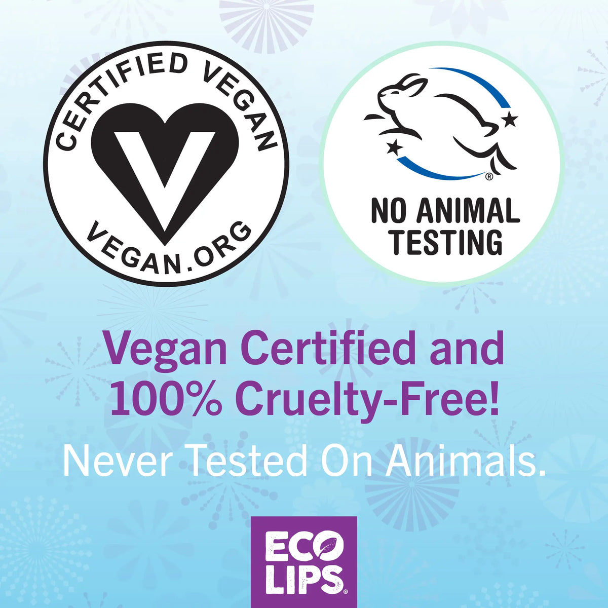 Certified Vegan and No Animal Testing logos with text on a light blue background, featuring the Eco Lips brand.