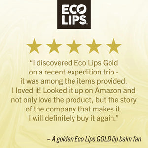 Lip balm packaging with text about baobab oil and a close-up of a person holding a Gold Lip Balm.